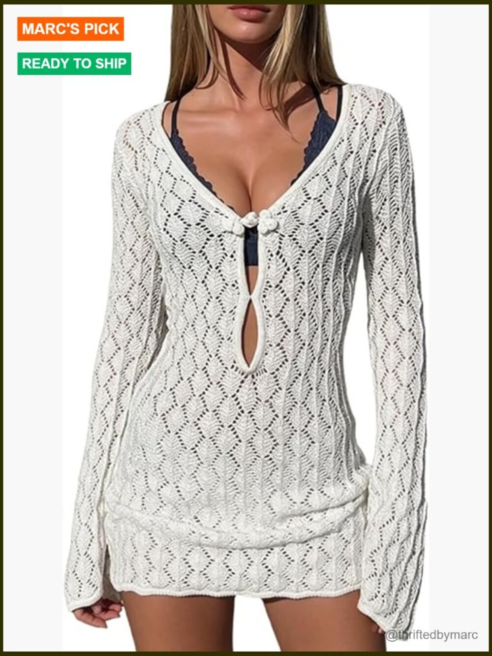 Crochet Beach Cover Up Mini Dress Long Sleeve V-Neck Swimwear Coverup